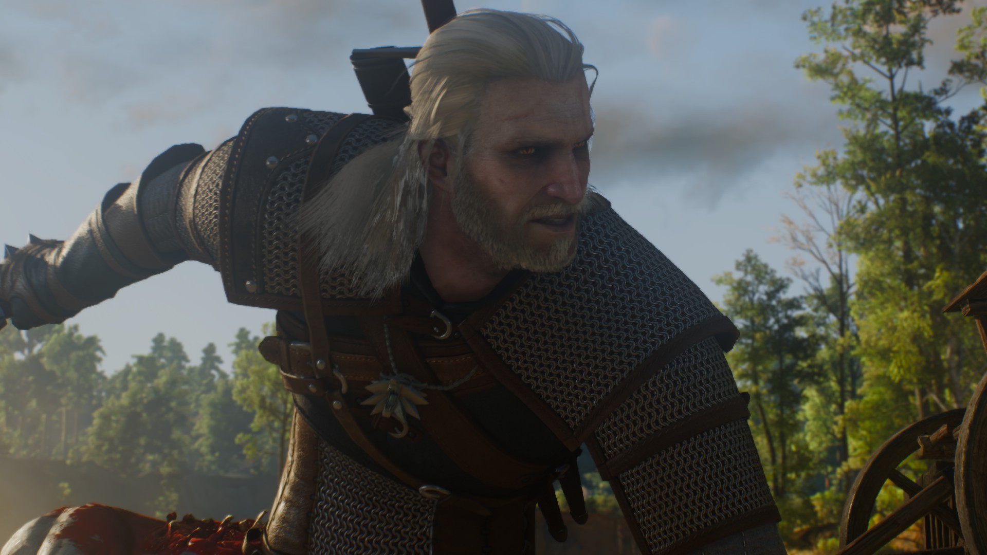 Geralt com raiva no primeiro encontro contra o Grifo